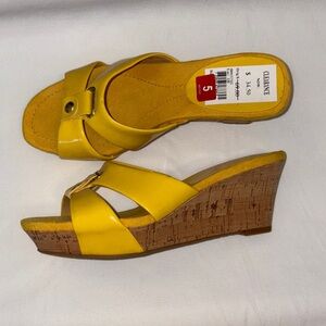 Nine West Yellow Cork Wedge Slide Sandals